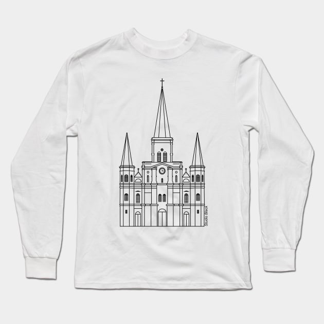 New Orleans St. Louis Cathedral Minimalist Black Outline Long Sleeve T-Shirt by Little Shop of Nola